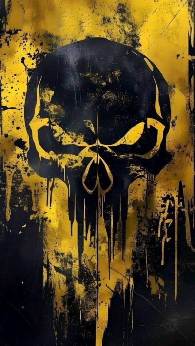 Punisher logo with dripping paint in black and yellow, exuding edgy Marvel style. | UHD Wallpaper for Mobile