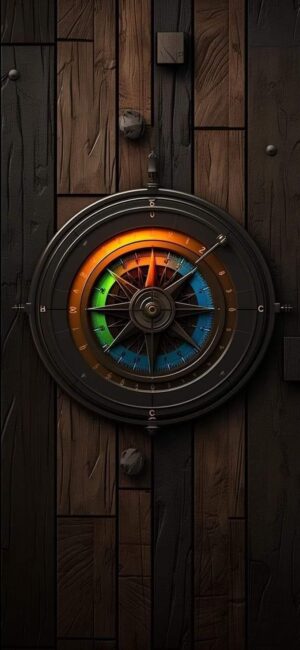 Intricate compass on wooden background with orange, green, blue gradient for a steampunk feel | UHD Wallpaper for Mobile