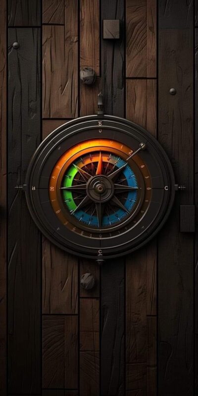 Intricate compass on wooden background with orange, green, blue gradient for a steampunk feel | UHD Wallpaper for Mobile