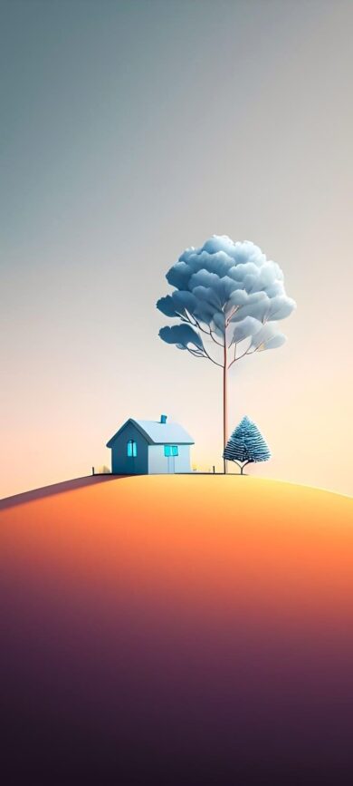 Serene landscape with charming house, tall tree, and orange to blue sky | UHD Wallpaper for Mobile