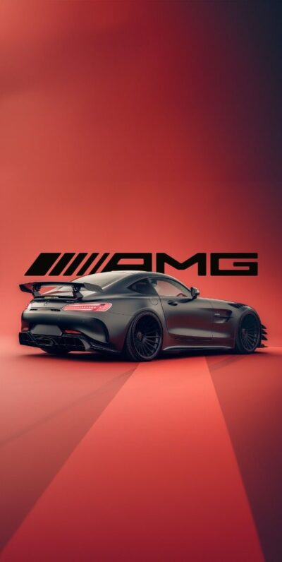 Sleek black AMG sports car on bold red gradient, showcasing luxury and performance | UHD Wallpaper for Mobile