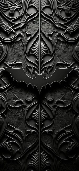 Dark intricate pattern with a Bat symbol in gothic style | Primary Color: Black | For Mobile | Batman | UHD Wallpaper