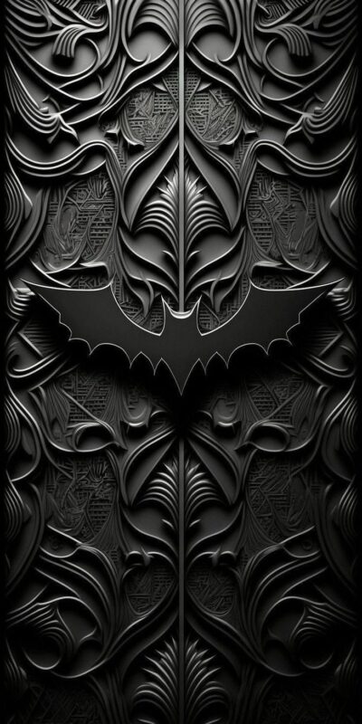 Dark intricate pattern with a Bat symbol in gothic style | Primary Color: Black | For Mobile | Batman | UHD Wallpaper